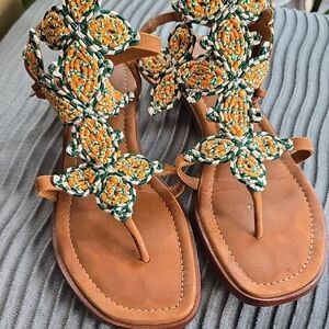 Tory Burch Floral Embroidered Sandals - Tan and Green